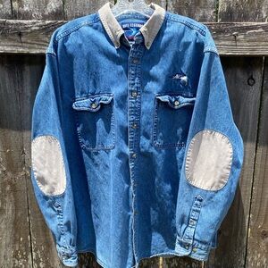 Reel Legends Denim Button Up Long Sleeve Shirt Elbow Pads Men’s Large